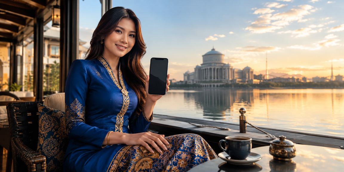 Woman in baju kurung using a mobile casino in Putrajaya